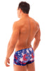 mens swimwear square cut boxer style swimsuit in USA Flag; Extreme Low Square Cut Swim Trunks in USA Flag Collage 2; Extreme Low Square Cut Swim Trunks in USA F