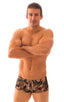 mens swimwear square cut boxer style swimsuit in Desert Camo; Extreme Low Square Cut Swim Trunks in Desert Camo, Rear View; Extreme Low Square Cut Swim Trunks