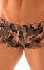 mens swimwear square cut boxer style swimsuit in Desert Camo; Extreme Low Square Cut Swim Trunks in Desert Camo, Rear View; Extreme Low Square Cut Swim Trunks i