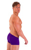 mens swimwear low waist square cut boxer style swimsuit in Royal Purple; Extreme Low Square Cut Swim Trunks in Royal Purple 2; Extreme Low Square Cut Swim Trunk
