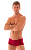 mens swimwear low waist square cut boxer style swimsuit in Ruby Red; Extreme Low Square Cut Swim Trunks in Ruby Red 2; Extreme Low Square Cut Swim Trunks in Rub