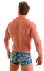 mens swimwear square cut boxer style swimsuit in Tan Through Tahitian; Extreme Low Square Cut Swim Trunks in Tan Through Tahitian, Rear View; Extreme Low Square