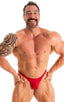 Mens Micro Fitted Pouch and Rear Bikini Swimsuit in Ruby Red 1; Mens Micro Fitted Pouch and Rear Bikini Swimsuit in Ruby Red 2; Mens Micro Fitted Pouch and Rear