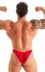 Mens Micro Fitted Pouch and Rear Bikini Swimsuit in Ruby Red 1; Mens Micro Fitted Pouch and Rear Bikini Swimsuit in Ruby Red 2; Mens Micro Fitted Pouch and Rear