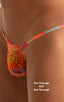 mens extreme micro string bikini tiny swimsuit by skinz swimwear in Tan Through Orange Jungle; Stuffit Pouch Half Back Swimsuit in Tan Through Orange Jungle 2;