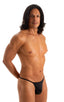 mens smooth pouch string side t back thong sexy swimsuit bikini in Black; Smooth Pouch Skinny Sides Swim Thong in Black, Rear View; Smooth Pouch Skinny Sides Sw