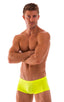 mens swimwear square cut boxer style swimsuit in sheer Chartreuse; Extreme Low Square Cut Swim Trunks in Semi Sheer ThinSkinz Chartreuse, Rear View; Extreme Low