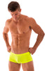 mens swimwear square cut boxer style swimsuit in sheer Chartreuse; Extreme Low Square Cut Swim Trunks in Semi Sheer ThinSkinz Chartreuse, Rear View; Extreme Low