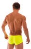 mens swimwear square cut boxer style swimsuit in sheer Chartreuse; Extreme Low Square Cut Swim Trunks in Semi Sheer ThinSkinz Chartreuse, Rear View; Extreme Low