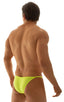 Stuffit Pouch Half Back Tanning Swimsuit in ThinSKINZ Chartreuse, Front View; Stuffit Pouch Half Back Tanning Swimsuit in ThinSKINZ Chartreuse, Rear View; Stuff