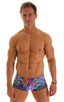 mens swimwear best seller square cut boxer style swimsuit in Illumine; Extreme Low Square Cut Swim Trunks in Illumine, Rear View; Extreme Low Square Cut Swim Tr