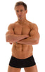 mens swimwear square cut boxer style swimsuit in Super ThinSKINZ Black; Extreme Low Square Cut Swim Trunks in Super ThinSKINZ Black, Rear View; Extreme Low Squa