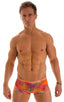 mens swimwear square cut boxer style swimsuit in Tan Through Orange Jungle; Extreme Low Square Cut Swim Trunks in Tan Through Orange Jungle, Rear View; Extreme