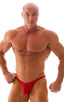 mens posing suit with fitted pouch and fitted puckered butt bodybuilder bikini in ruby red; Fitted Pouch - Puckered Back - Bikini in Ruby 2; Fitted Pouch - Puck