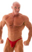 mens posing suit with fitted pouch and fitted puckered butt bodybuilder bikini in ruby red; Fitted Pouch - Puckered Back - Bikini in Ruby 2; Fitted Pouch - Puck