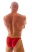 mens posing suit with fitted pouch and fitted puckered butt bodybuilder bikini in ruby red; Fitted Pouch - Puckered Back - Bikini in Ruby 2; Fitted Pouch - Puck