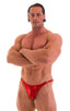 mens posing suit with fitted pouch and fitted puckered butt bodybuilder bikini in metallic red; Fitted Pouch - Puckered Back - Posing Suit in Metallic Lipstick