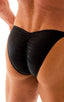 mens posing suit with fitted pouch and fitted puckered butt bodybuilder bikini in black; Fitted Pouch - Puckered Back - Posing Suit in Black tricot-nylon-lycra,