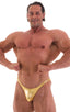 mens posing suit with fitted pouch and puckered butt bodybuilder bikini half back in metallic gold; Posing Suit - Fitted Pouch - Puckered Back in Metallic Liqui