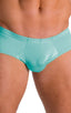 pouch enhanced micro square cut swim trunks in Aquamarine, Front View; Pouch Enhanced Micro Square Cut Swim Trunks in Aquamarine, Rear View; Pouch Enhanced Micr