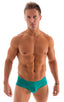 pouch enhanced micro square cut swim trunks in Deep Jade, Front View; Pouch Enhanced Micro Square Cut Swim Trunks in Deep Jade, Rear View; Pouch Enhanced Micro