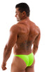 mens sexy bikini fitted pouch scrunchie rear in neon lime; Posing Suit - Fitted Pouch - Puckered Back in Neon Lime, Rear View; Posing Suit - Fitted Pouch - Puck