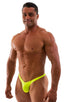 mens sexy bikini fitted pouch scrunchie rear in neon yellow; Posing Suit - Fitted Pouch - Puckered Back in Neon Chartreuse, Rear View; Posing Suit - Fitted Pouc