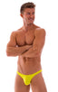 mens sexy bikini fitted pouch scrunchie rear in sunshine yellow; Fitted Pouch Puckered Back Bikini in Sunshine Yellow, Rear View; Fitted Pouch Puckered Back Bik