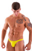 mens sexy bikini fitted pouch scrunchie rear in sunshine yellow; Fitted Pouch Puckered Back Bikini in Sunshine Yellow, Rear View; Fitted Pouch Puckered Back Bik