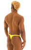 mens swimwear classic t back thong swimsuit in sheer Chartreuse neon yellow; T Back Thong Swimsuit in ThinSKINZ Chartreuse, Rear View; T Back Thong Swimsuit in