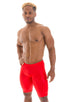 Lycra Bike Length Shorts in Wet Look Red, Front View; Lycra Bike Length Shorts in Wet Look Red, Rear View; Special Order Notice; Lycra Bike Length Shorts in Wet