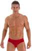 Pouch Brief Swimsuit in ThinSKINZ Lipstick Red, Front View; Pouch Brief Swimsuit in ThinSKINZ Lipstick Red, Rear View; Pouch Brief Swimsuit in ThinSKINZ Lipstic