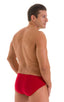 Pouch Brief Swimsuit in ThinSKINZ Lipstick Red, Front View; Pouch Brief Swimsuit in ThinSKINZ Lipstick Red, Rear View; Pouch Brief Swimsuit in ThinSKINZ Lipstic