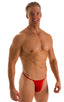 mens smooth pouch string side t back thong sexy swimsuit bikini in Wet Look Red; Smooth Pouch Skinny Sides Swim Thong in Wet Look Red, Rear View; Smooth Pouch S