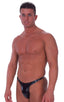 Smooth Pouch - T Back Thong Swimsuit in Gloss Black Stretch Vinyl, Front View; Smooth Pouch - T Back Thong Swimsuit in Gloss Black Stretch Vinyl, Rear View; Smo