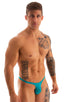 most popular mens swimwear classic t back thong swimsuit in Deep Jade; T Back Thong Swimsuit - Bravura Pouch inDeep Jade, Rear View; T Back Thong Swimsuit - Bra