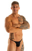 mens tiny string bikini swimsuit by skinz swimwear in Black; Sunseeker2 Tanning Swimsuit in Black, Rear View; Sunseeker2 Tanning Swimsuit in Black tricot-nylon-