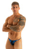 mens tiny string bikini swimsuit by skinz swimwear in Laser Blue Lightning, Front View; Sunseeker2 Tanning Swimsuit in Laser Blue Lightning, Rear View; Sunseeke