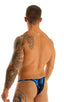 mens tiny string bikini swimsuit by skinz swimwear in Laser Blue Lightning, Front View; Sunseeker2 Tanning Swimsuit in Laser Blue Lightning, Rear View; Sunseeke