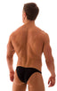 mens sexy bikini fitted pouch scrunchie rear in sheer black; Fitted Pouch Puckered Back Bikini in ThinSKINZ Black, Rear View; Fitted Pouch Puckered Back Bikini