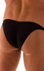 mens sexy bikini fitted pouch scrunchie rear in sheer black; Fitted Pouch Puckered Back Bikini in ThinSKINZ Black, Rear View; Fitted Pouch Puckered Back Bikini