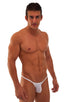 mens micro pouch bikini swimsuit with tiny puckered butt in sheer White Peep Show; Micro Pouch - Puckered Back - Rio Bikini in White Peep Show, Rear View; Micro