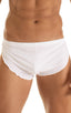 mens sexy swimsuit bikini cover up split shorts in sheer White; Swimsuit Cover Up Split Running Shorts in Super ThinSKINZ White, Rear View; Swimsuit Cover Up Sp