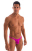 mens micro pouch bikini swimsuit brief in magenta; Stuffit Pouch Bikini Swimsuit in Magenta, Rear View; Stuffit Pouch Bikini Swimsuit in Magenta, Front Alternat