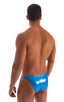 mens micro pouch bikini swimsuit brief in electric blue; Stuffit Pouch Bikini Swimsuit in Ice Karma Electric Blue, Rear View; Stuffit Pouch Bikini Swimsuit in I