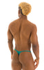mens smooth large pouch t back thong swimsuit sexy swimwear bikini in Deep Jade; Smooth Pouch Skinny Sides Swim Thong in Deep Jade, Rear View; Smooth Pouch Skin