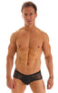 pouch enhanced micro square cut swim trunks in Super ThinSKINZ Black and Spiderweb Mesh; Pouch Enhanced Micro Square Cut Swim Trunks in Super ThinSKINZ Black an