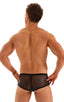 pouch enhanced micro square cut swim trunks in Super ThinSKINZ Black and Spiderweb Mesh; Pouch Enhanced Micro Square Cut Swim Trunks in Super ThinSKINZ Black an