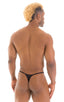 mens smooth pouch string side t back thong sexy swimsuit bikini in sheer Black; Smooth Pouch Skinny Sides Swim Thong in Super ThinSKINZ Black, Rear View; Smooth