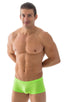 mens swimwear square cut boxer style swimsuit in ThinSKINZ Neon Lime semi sheer; Extreme Low Square Cut Swim Trunks in ThinSKINZ Neon Lime, Rear View; Extreme L